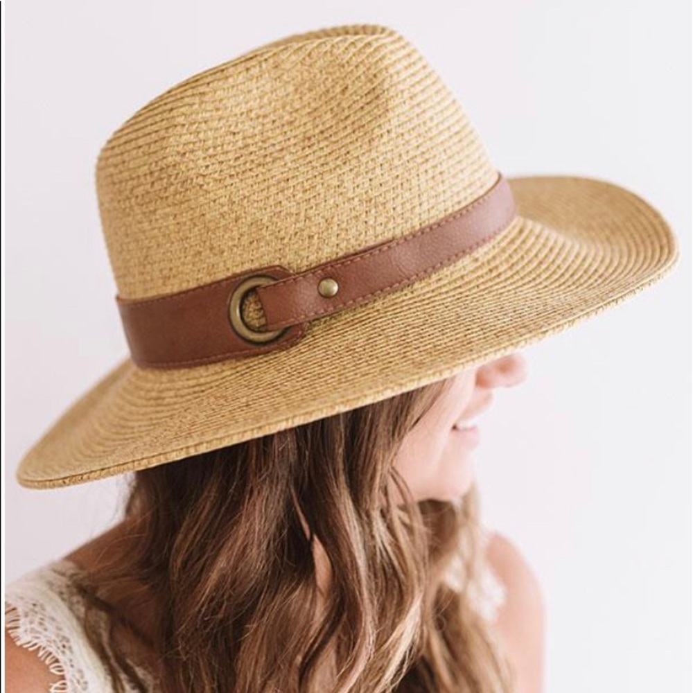 LAST ONE!! Tan Panama Hat With Faux Leather Band - Picture 2 of 3